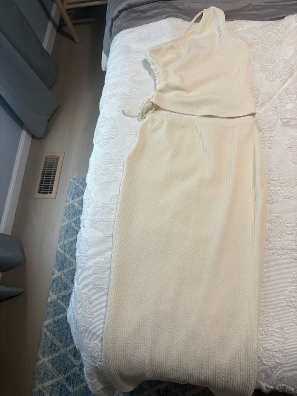 Cream One-Shoulder Ribbed Knit Dress Set